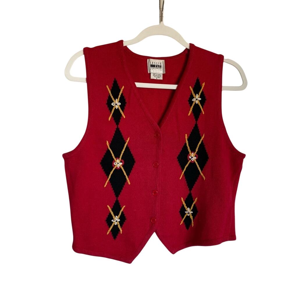 Leslie Fay Vintage Petite Eclectic Grandpa Knit Argyle Embroidered Y2K Cozy Vest